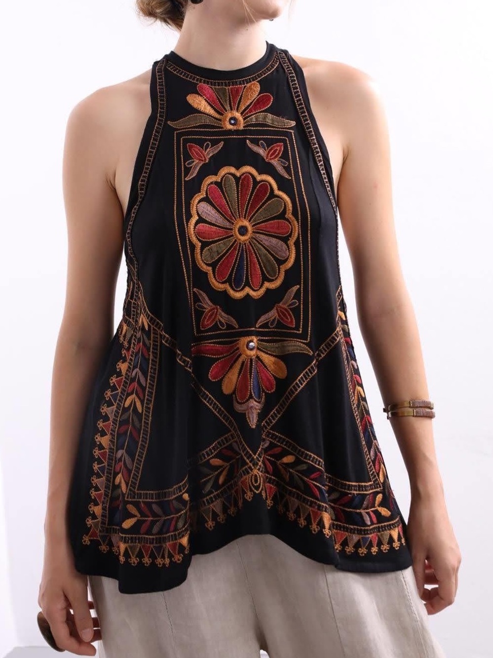 Free People Black Halter Tank with Multicolor Embroidery